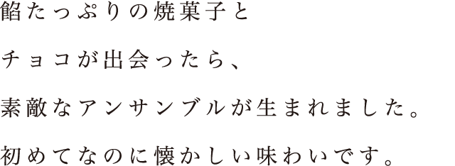 餡たっぷりの焼菓子とチョコが出会ったら、素敵なアンサンブルが生まれました。初めてなのに懐かしい味わいです。